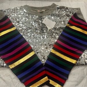 Crewcuts Silver Sequin Sweatshirt with Rainbow Stripes